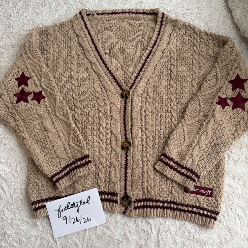 Taylor Swift Holiday Folklore Cardigan Sweater Beige Maroon size M/L